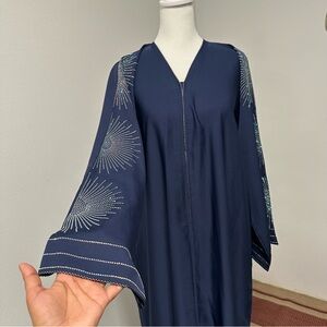 Navy Blue Abaya with White Embroidery | Open Front | Size L